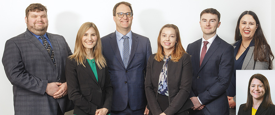 Our Litigation team from left: Emma Huntley, Quentin Davies, Savannah Carter, Brian Fletcher, Josh Marshall and Amanda Hills.