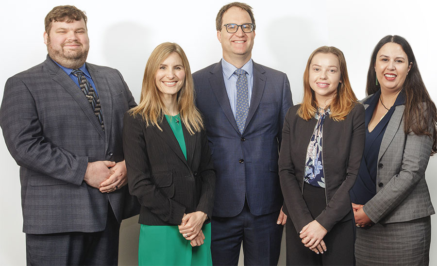 Our Litigation team from left: Josh Marshall, Amanda Hills, Quentin Davies, Emma Deason and Emma Tucker.